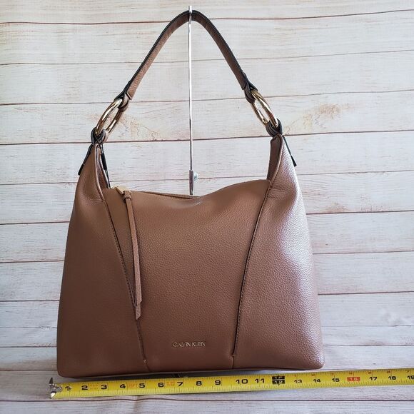 Calvin Klein Pebbled Faux Vegan Leather Ivy Novelty Hobo Satchel Caramel - Picture 9 of 14